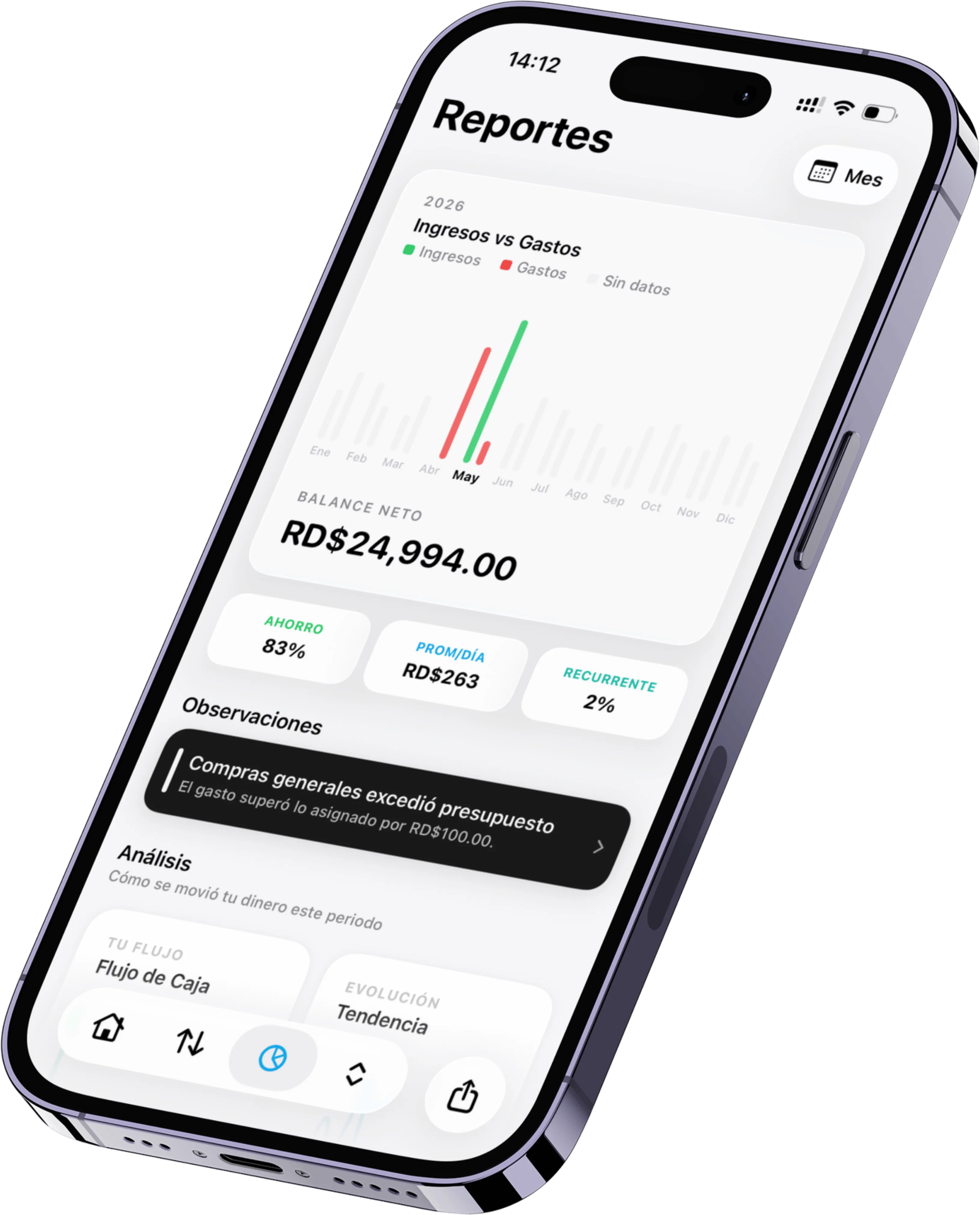 Finyvo en un iPhone, con la vista de Reportes y el balance neto en RD$.