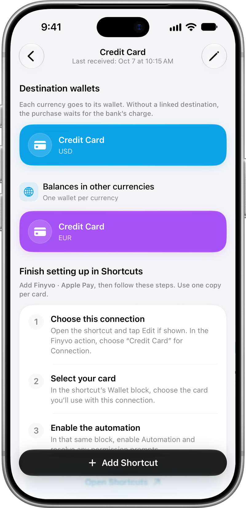 Apple Pay connection: Your card and its wallets by currency.