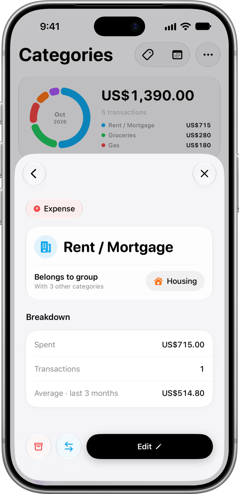 Category detail: Its group and spending breakdown.