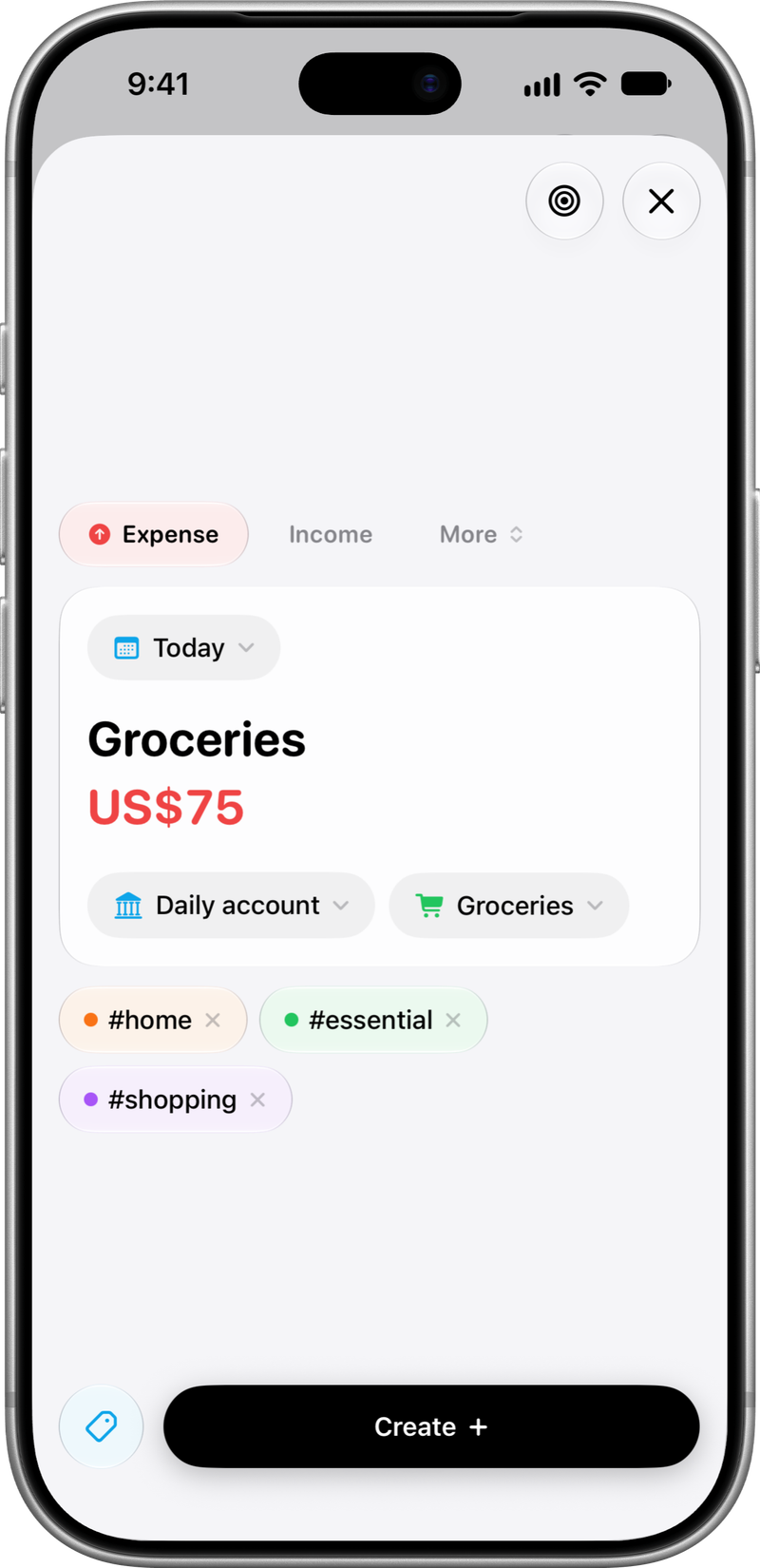 New transaction: Amount, category and tags.