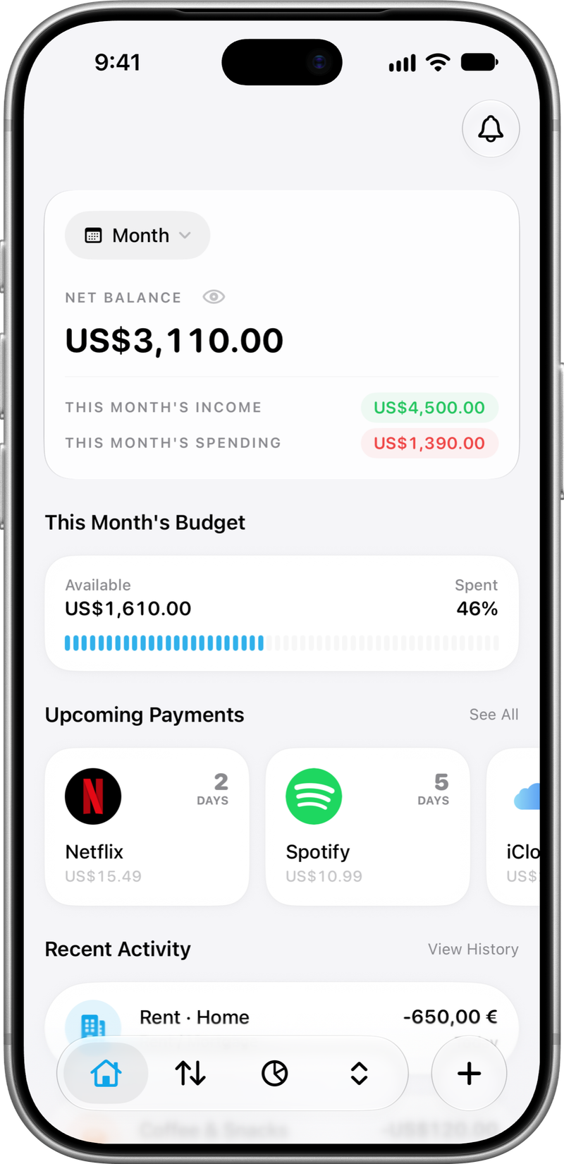 Finyvo on a silver iPhone, showing Home, USD amounts and a transaction in EUR.