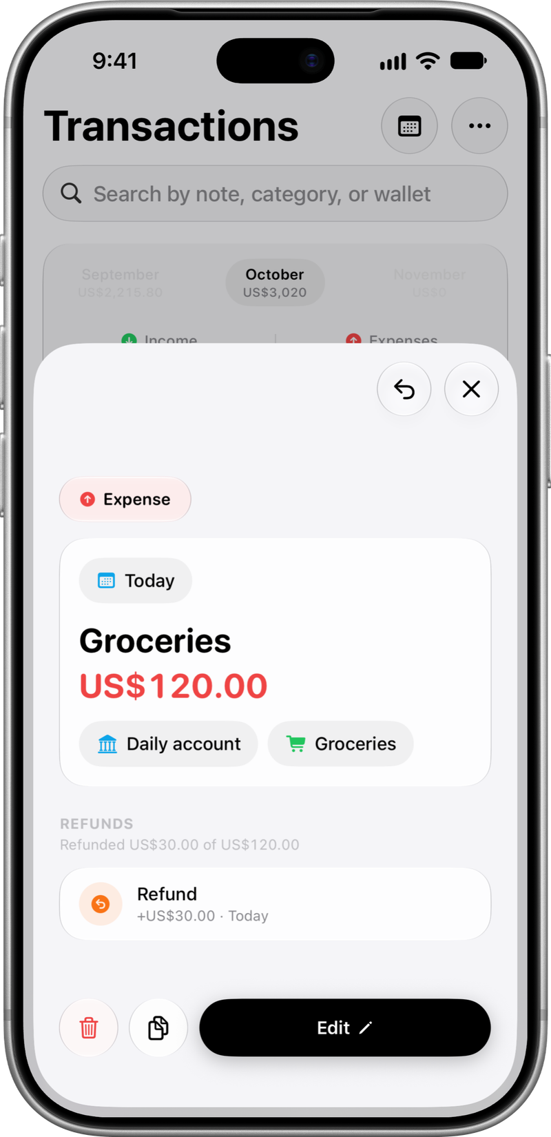 Purchase with a refund: The purchase and its refunds.