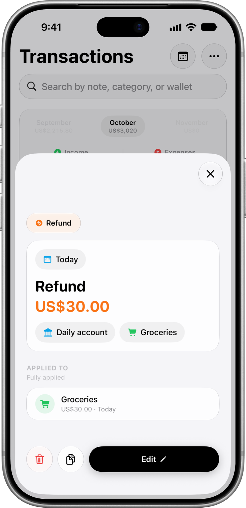 Refund: A refund linked to its purchase.