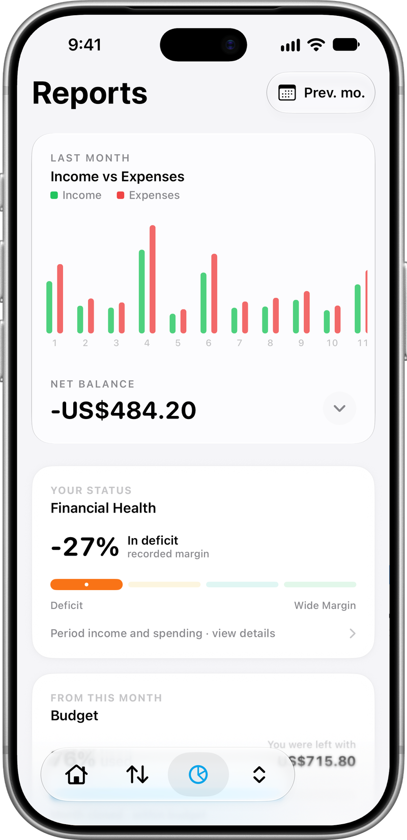 Reports: Balance, income and spending.