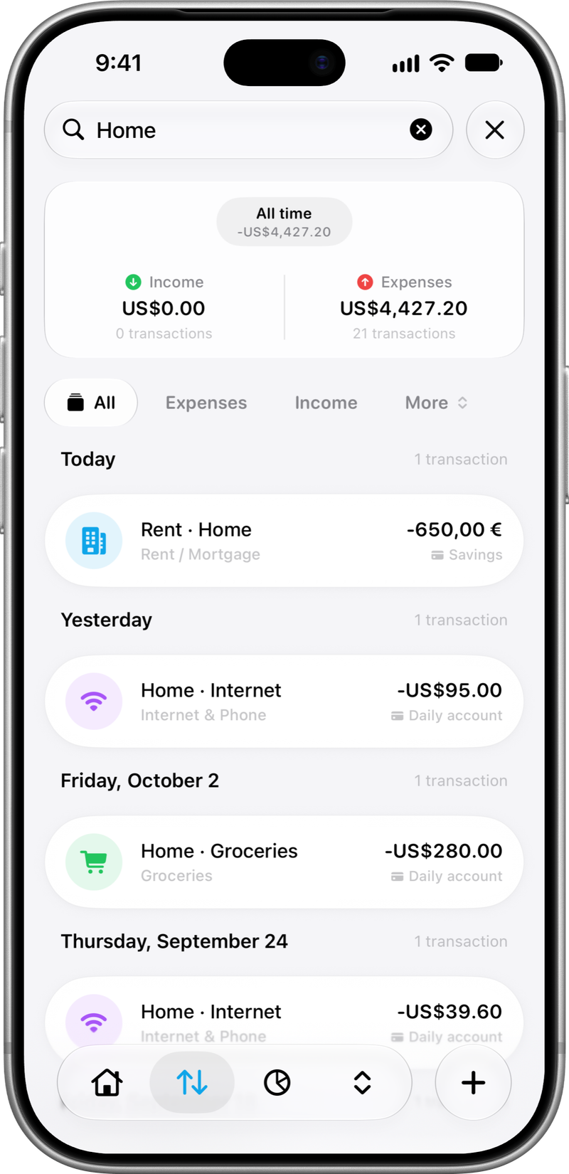 Search transactions: Filter and find transactions.