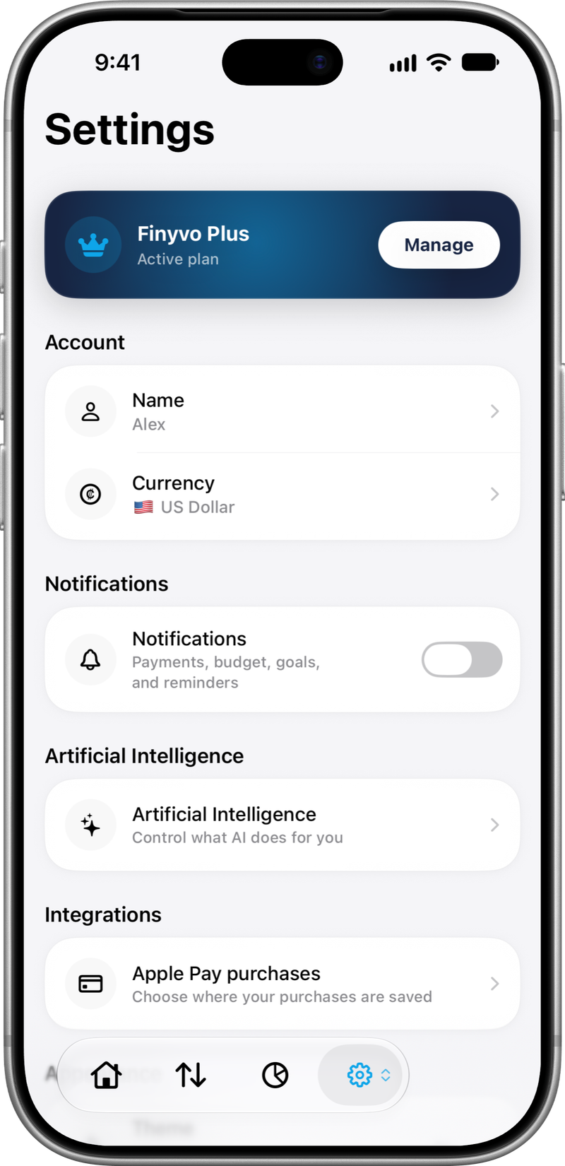 Settings: Your profile, currency and preferences.