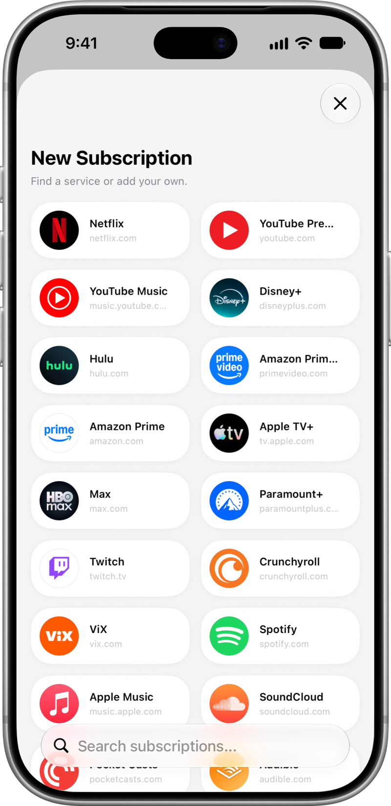 Subscription catalog: Find the service you use.