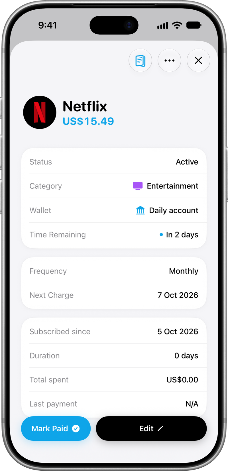Subscription detail: Amount, dates and upcoming charges.