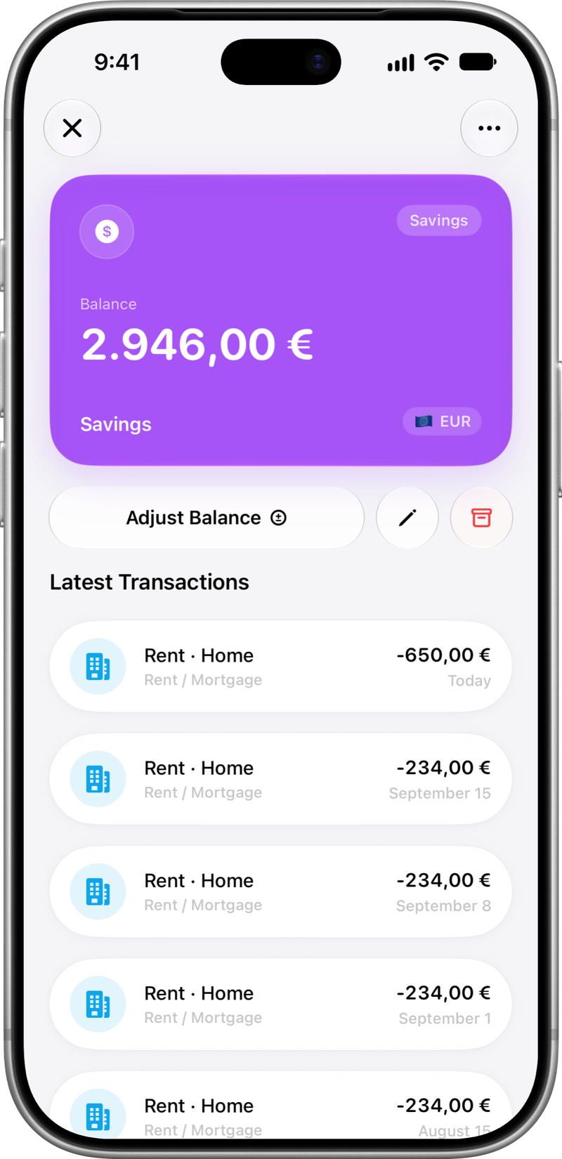 EUR wallet: Balance and transactions in EUR.