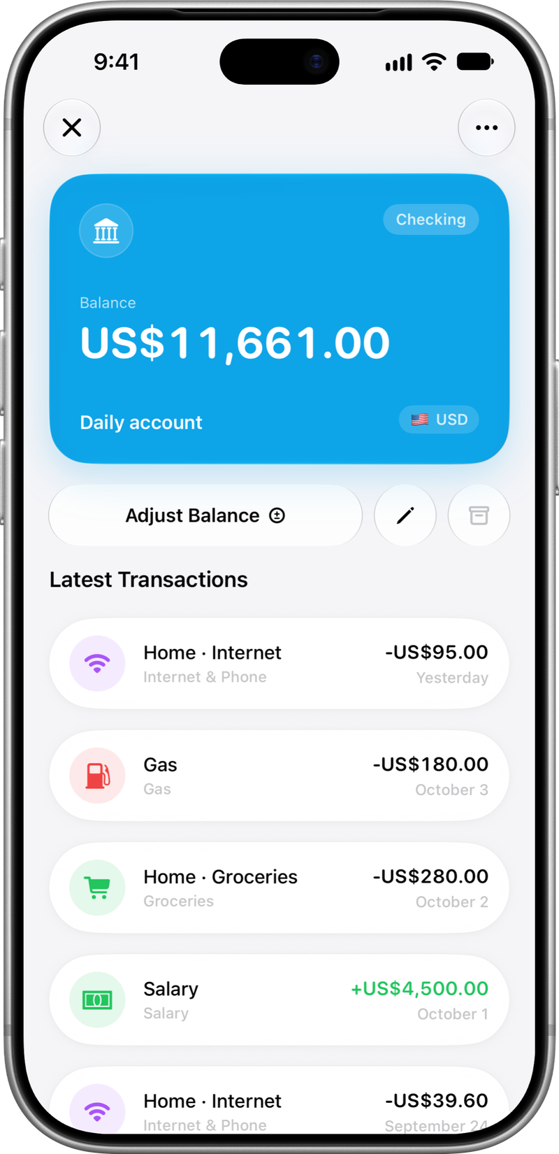 The details of two wallets, one in USD and one in EUR, with their balances and transactions.