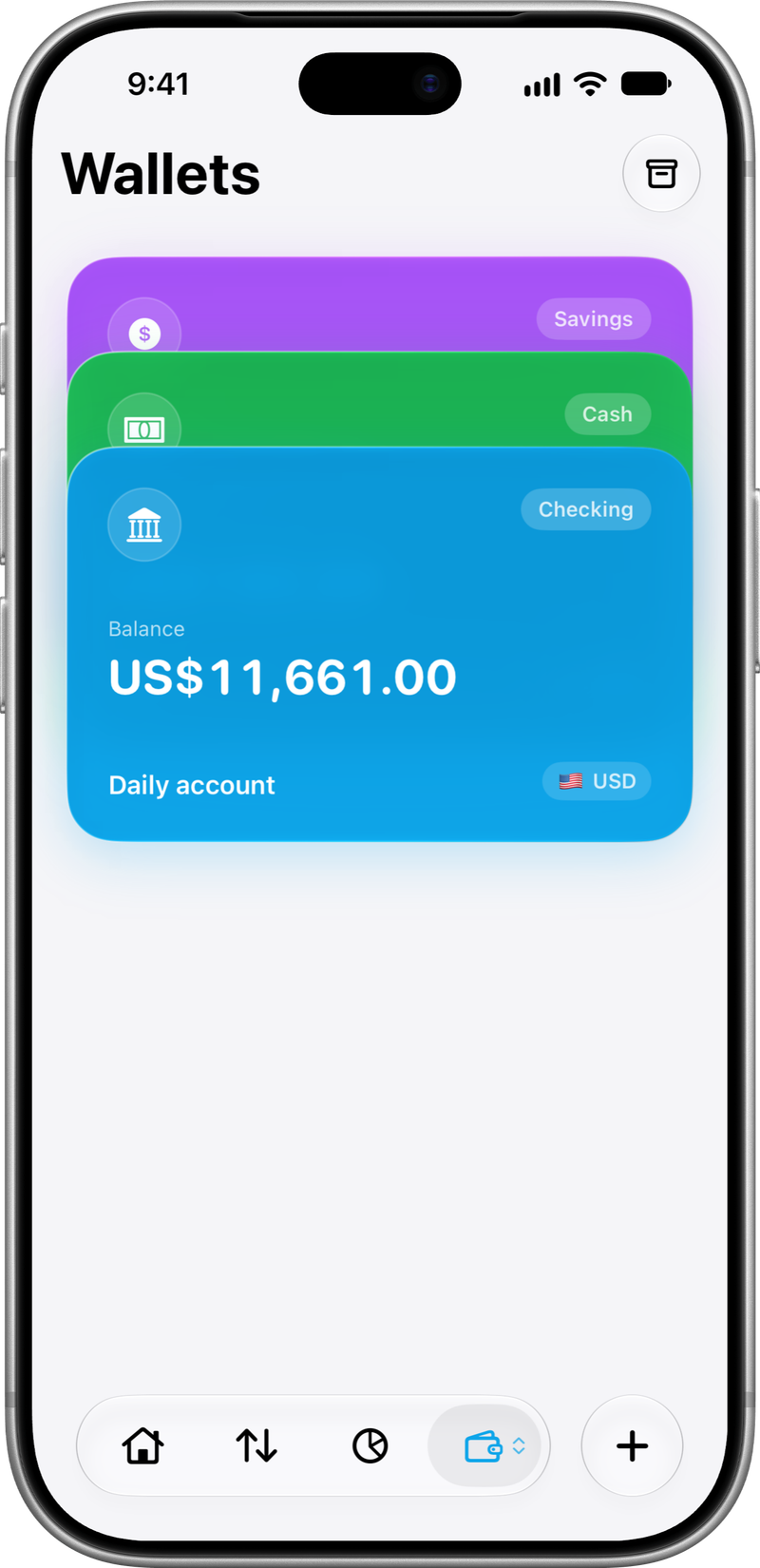 Wallets: Your accounts and currencies.