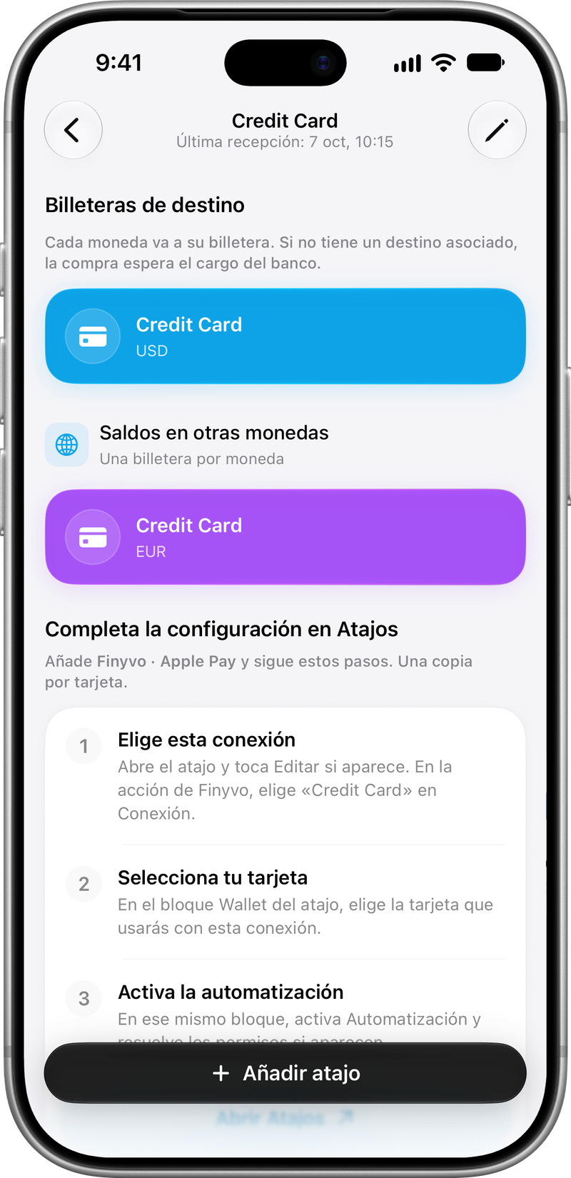 Conexión de Apple Pay: Tu tarjeta y sus billeteras por moneda.
