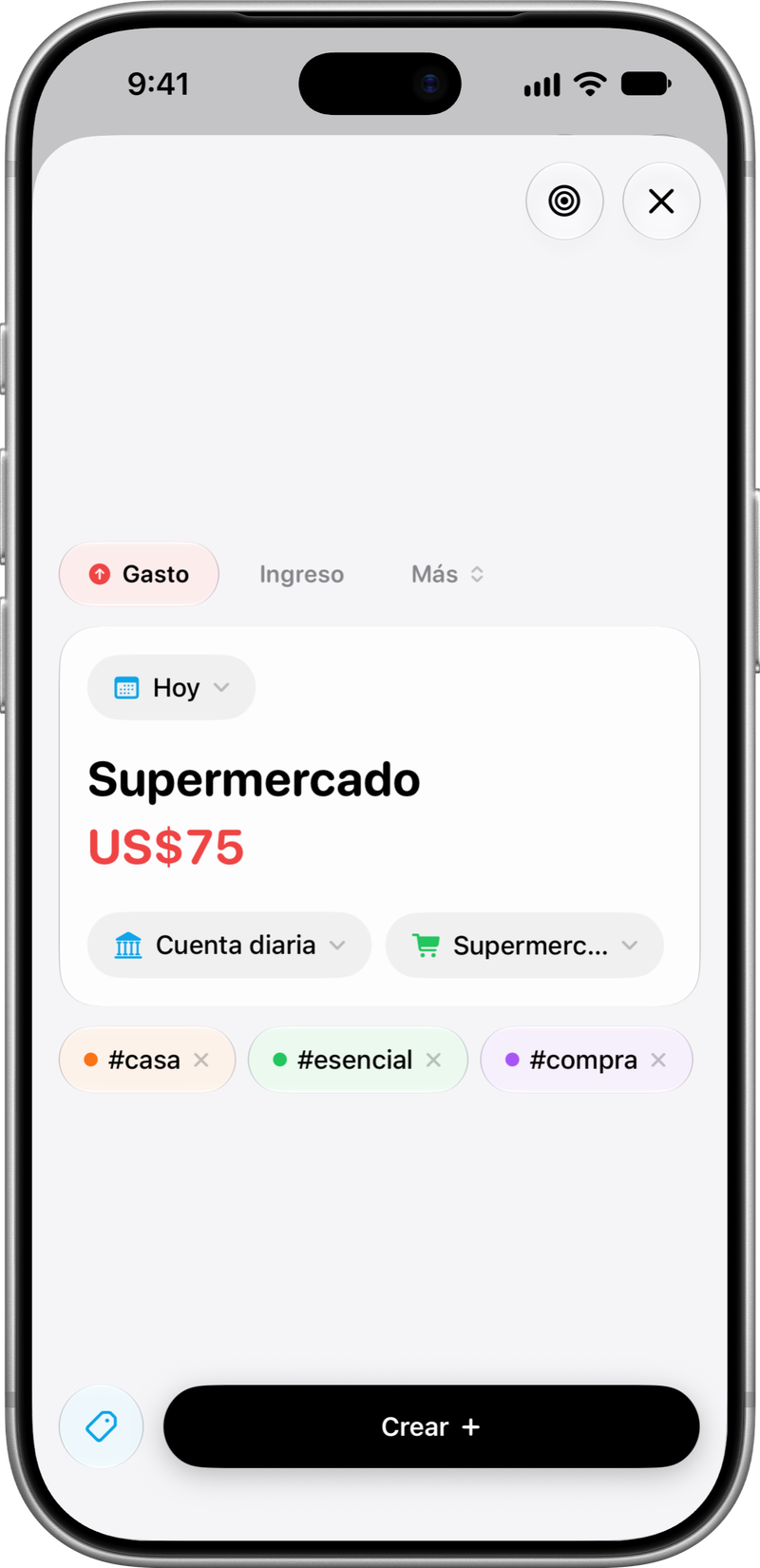 Nuevo movimiento: Importe, categoría y etiquetas.