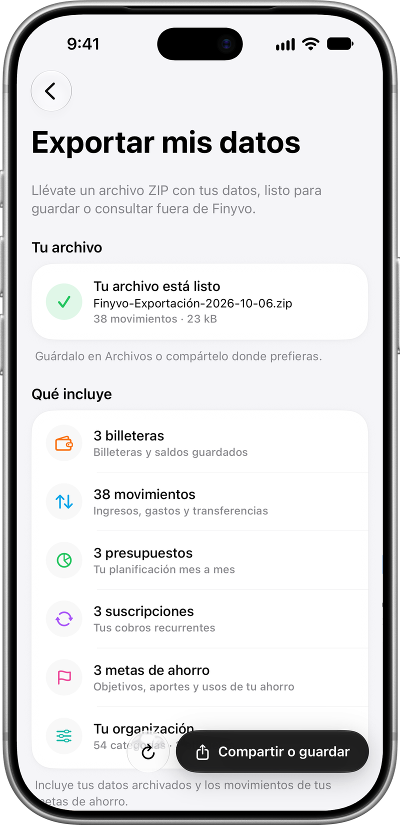 Exportar tus datos: Un ZIP con tus archivos CSV y JSON.