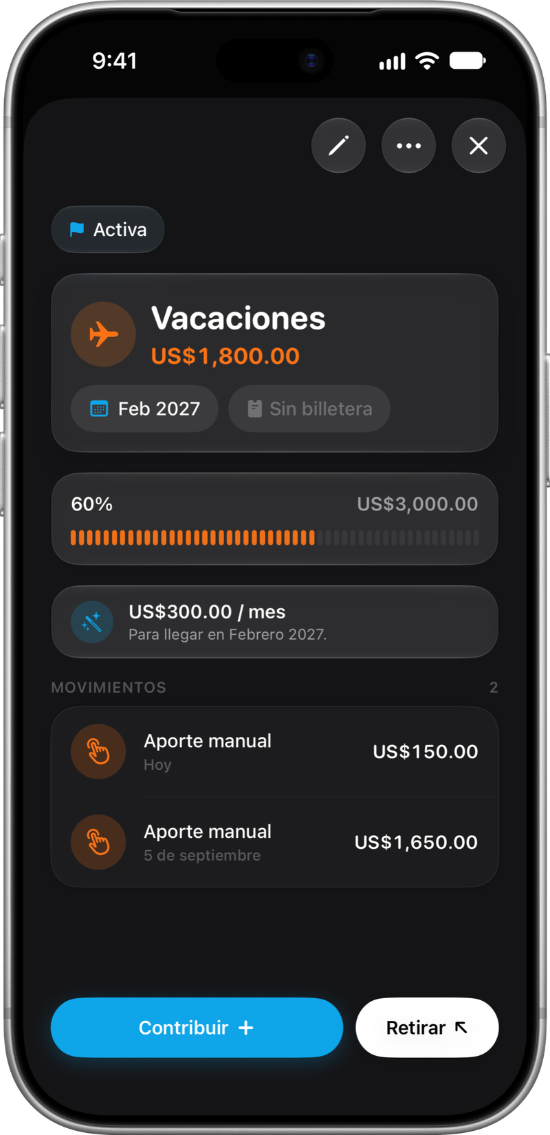Detalle de meta: Aportes, historial y avance.