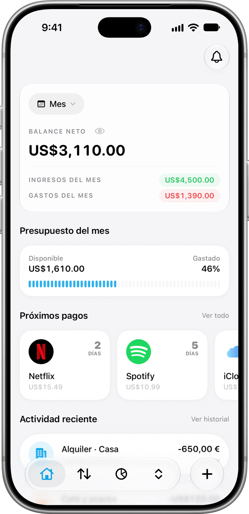 Finyvo en un iPhone plata, con la vista de Inicio, importes en USD y un movimiento en EUR.