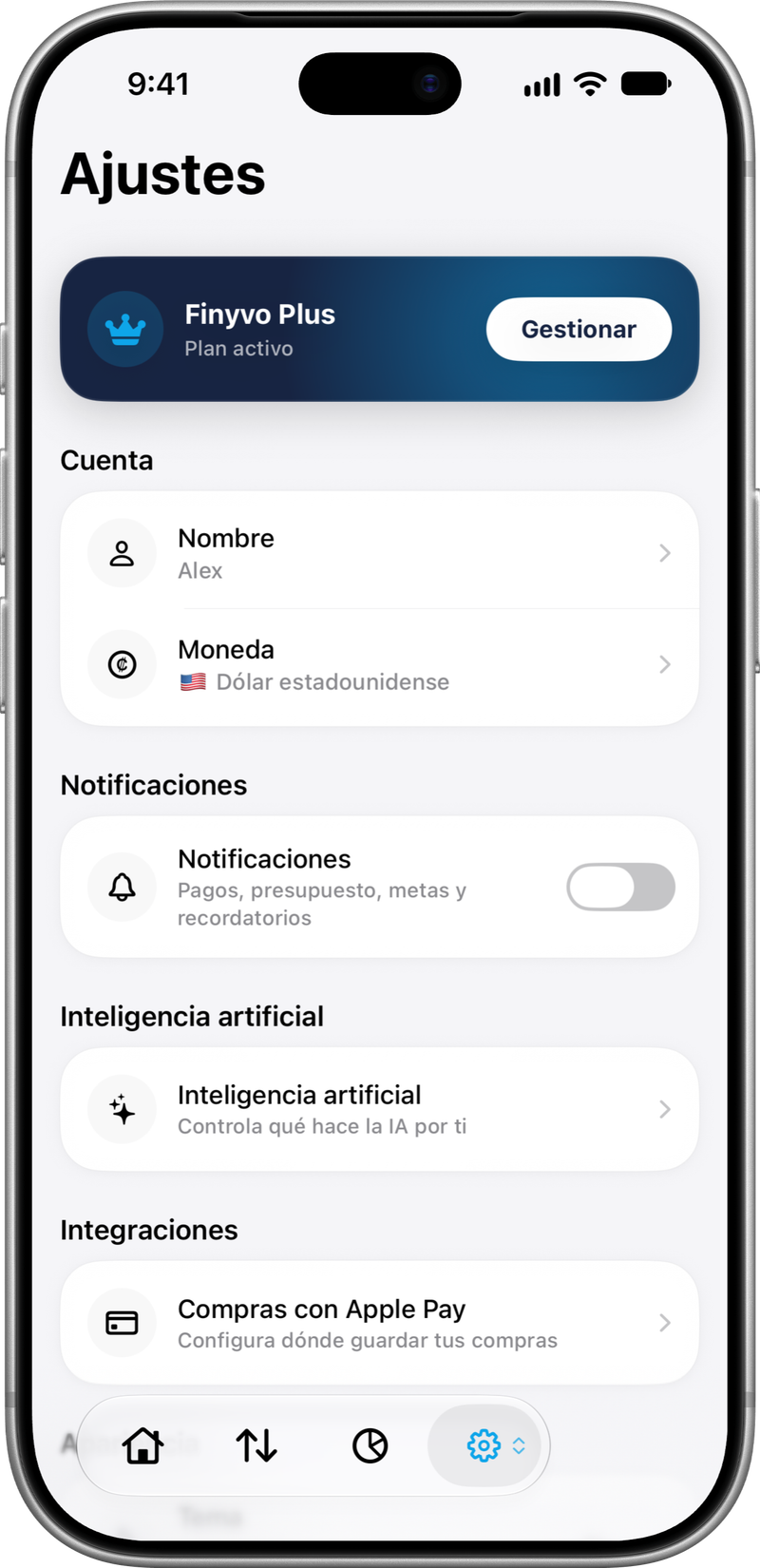 Ajustes: Tu perfil, moneda y preferencias.
