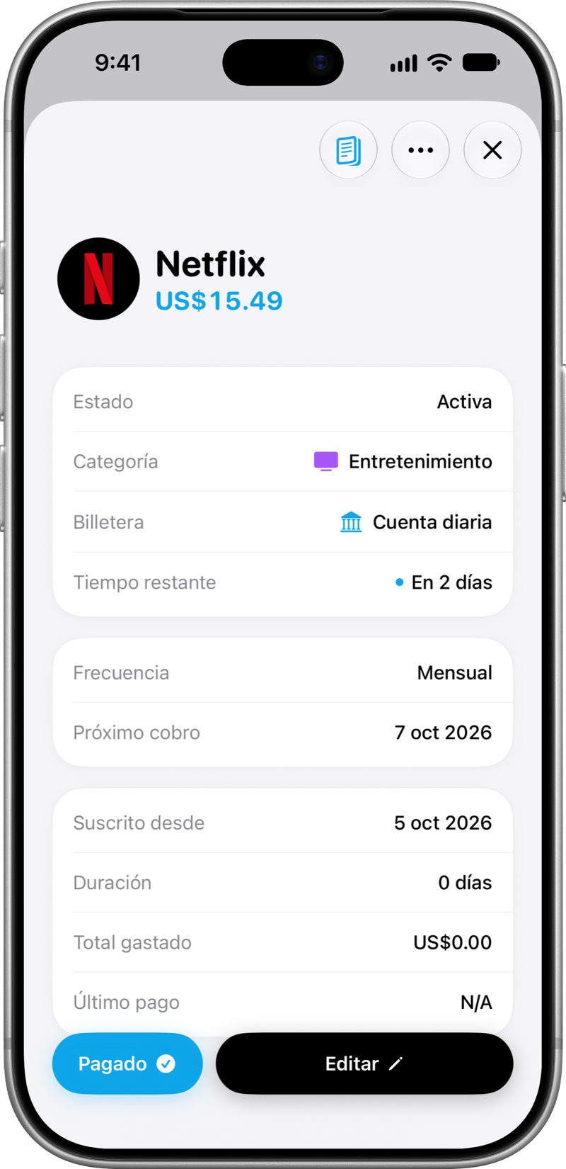 Detalle de suscripción: Importe, fechas y próximos cobros.