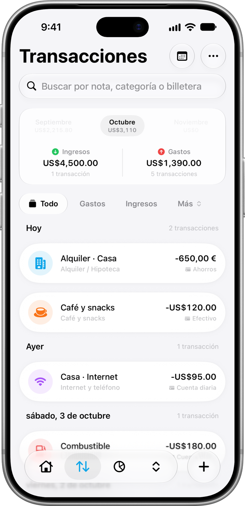 Transacciones: Gastos, ingresos y transferencias.