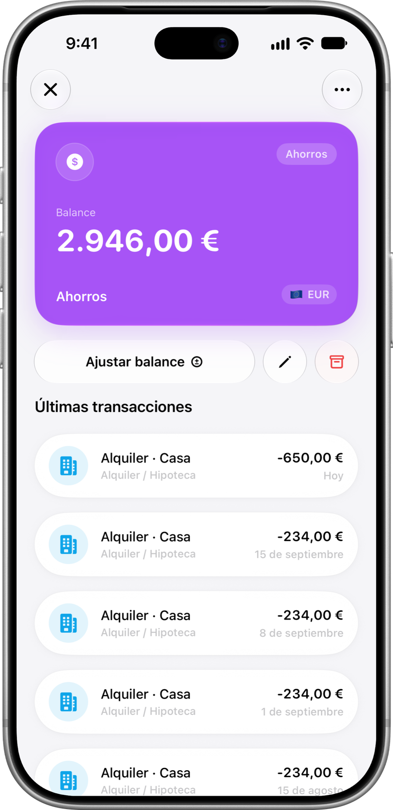 Billetera en EUR: Balance y movimientos en EUR.