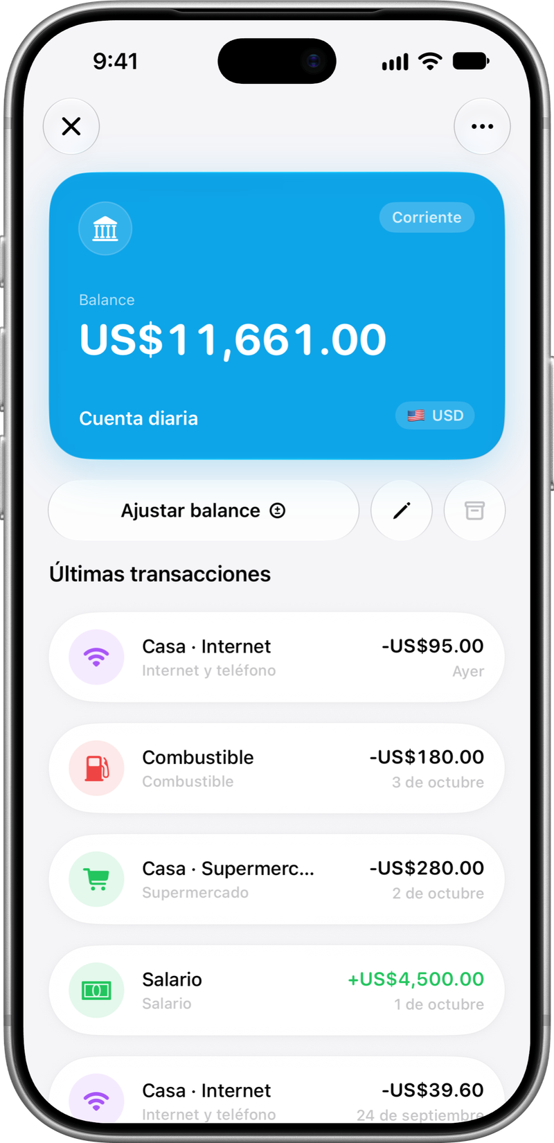 Los detalles de dos billeteras, una en USD y otra en EUR, con sus balances y movimientos.
