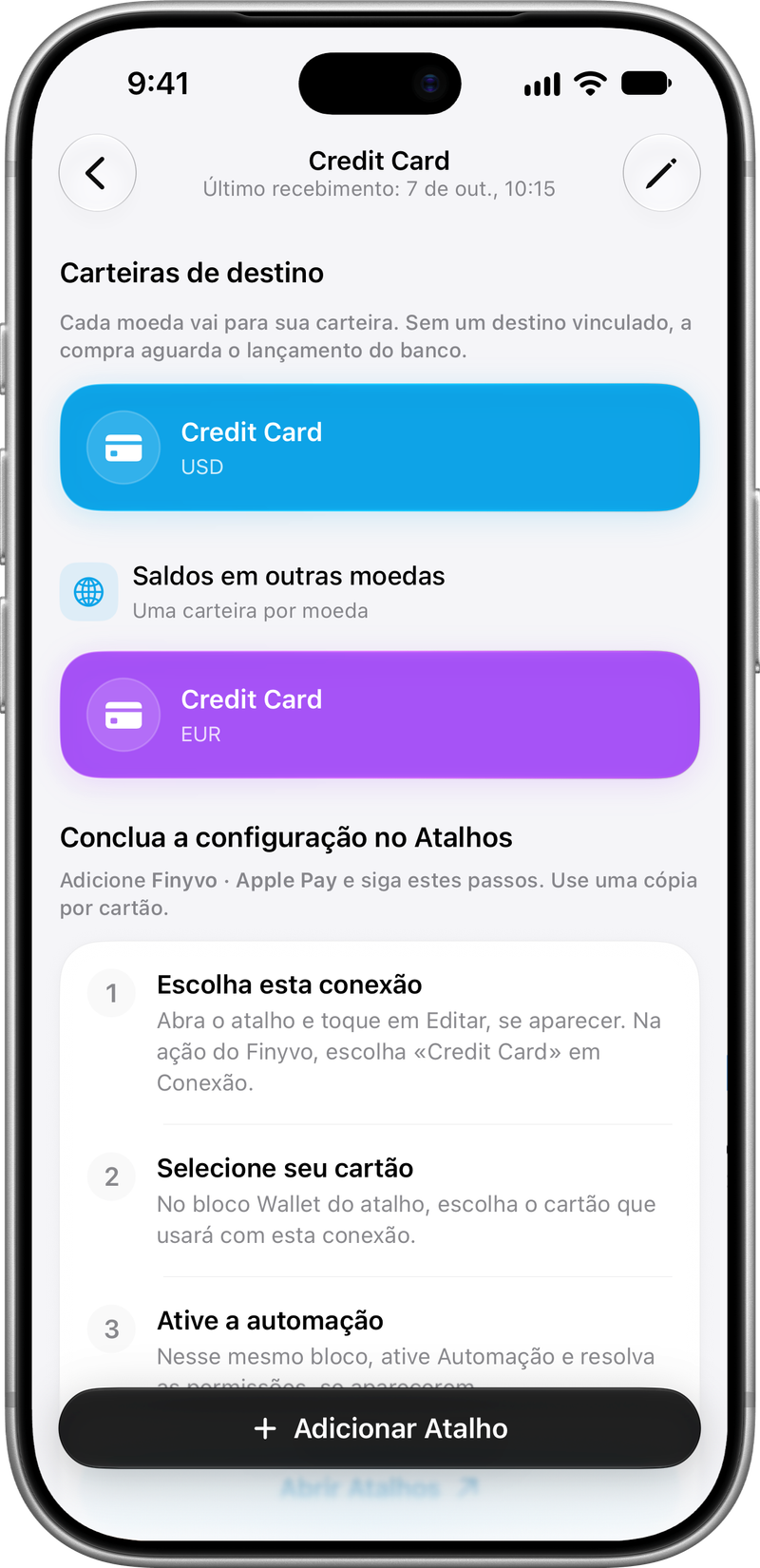 Conexão do Apple Pay: Seu cartão e suas carteiras por moeda.