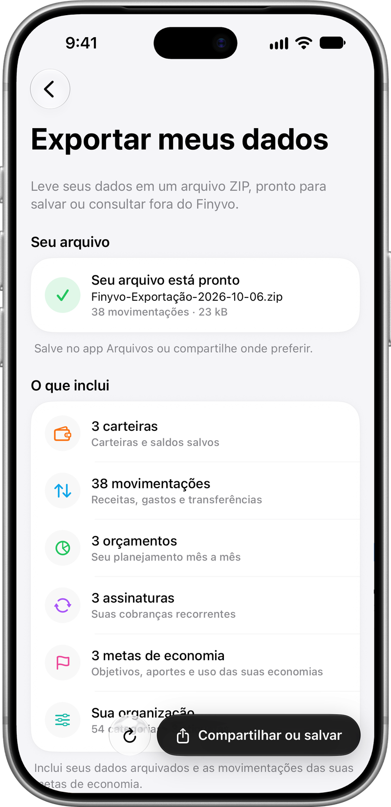 Exportar seus dados: Um ZIP com seus arquivos CSV e JSON.