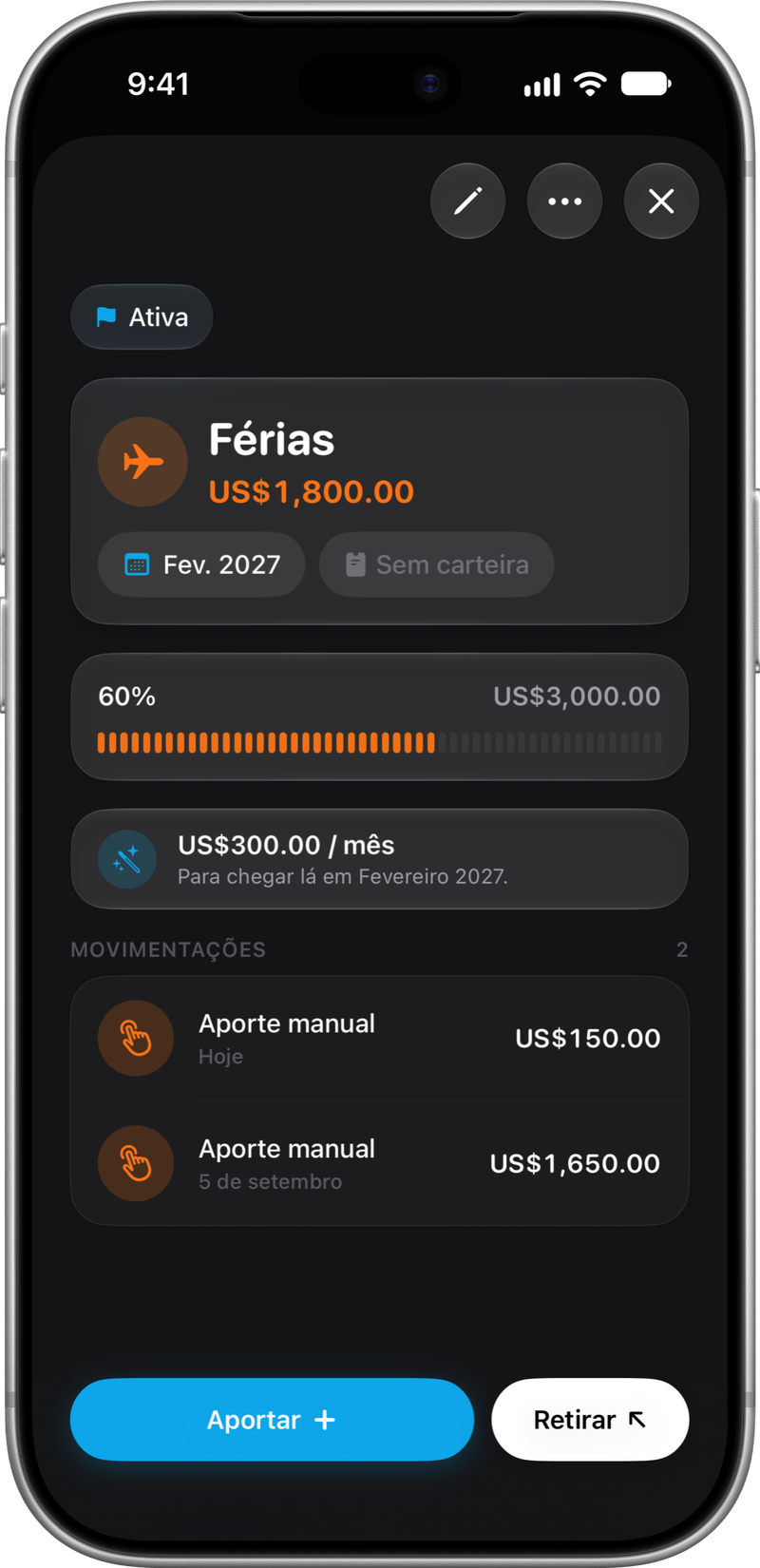 Detalhes da meta: Contribuições, histórico e progresso.