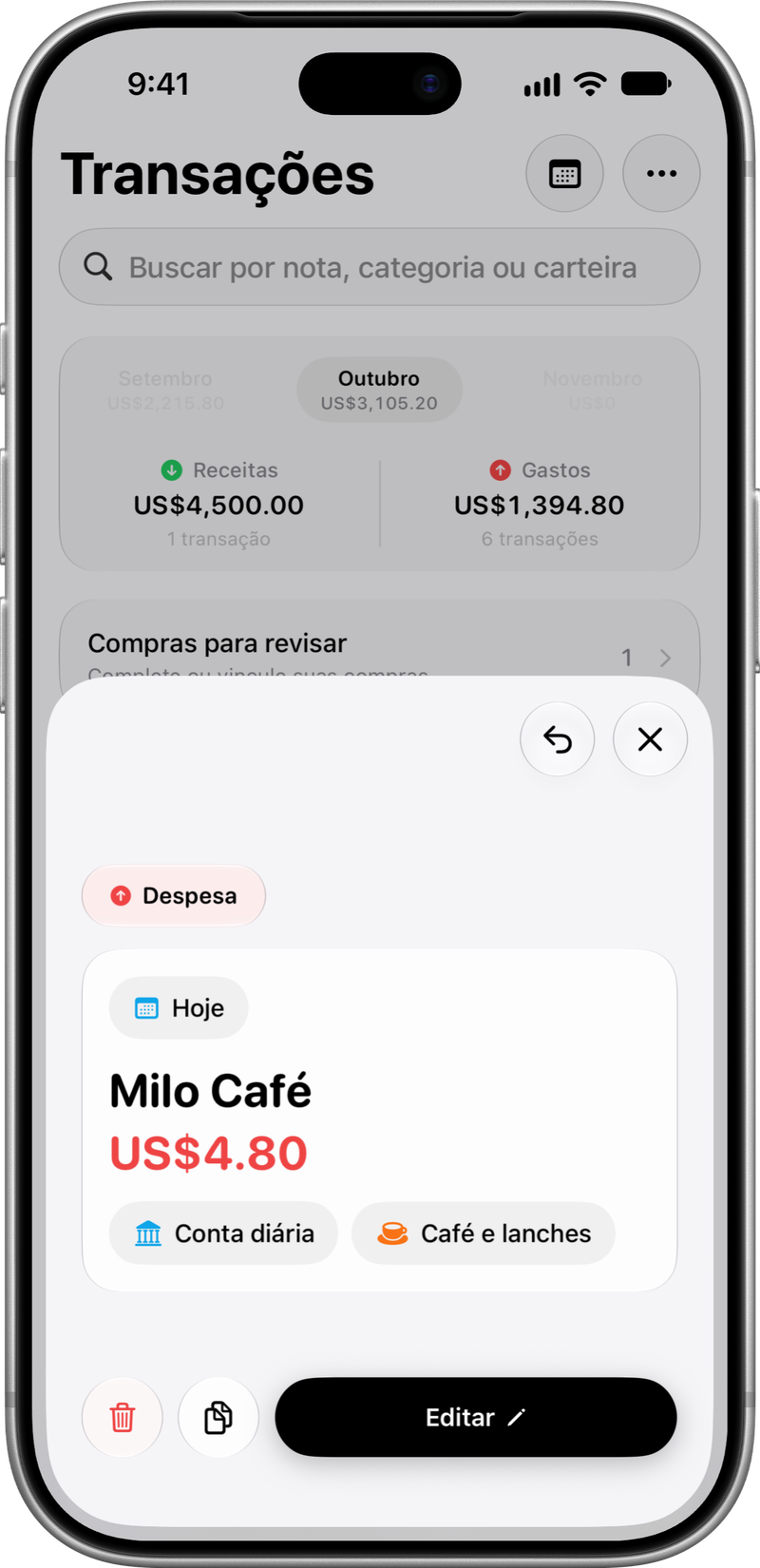 Compra registrada: Os detalhes de uma compra.