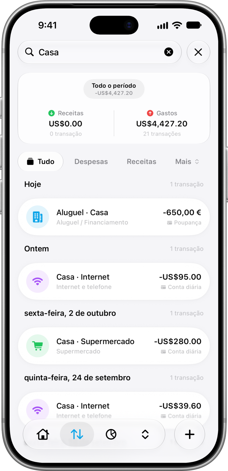 Buscar transações: Filtre e encontre transações.