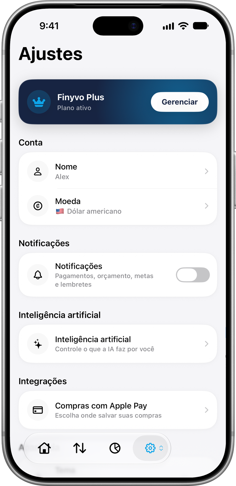 Ajustes: Seu perfil, moeda e preferências.