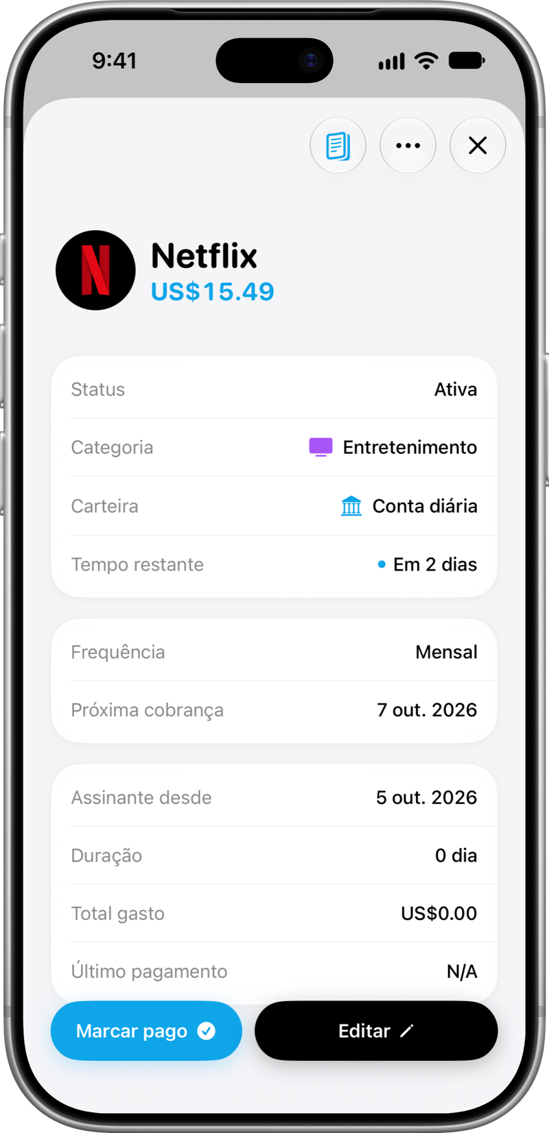 Detalhes da assinatura: Valor, datas e próximas cobranças.