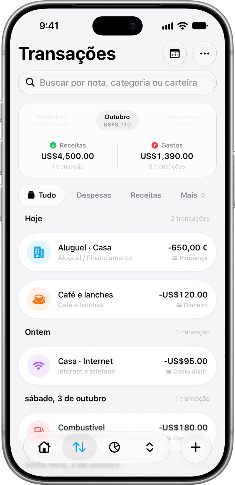 Transações: Despesas, receitas e transferências.