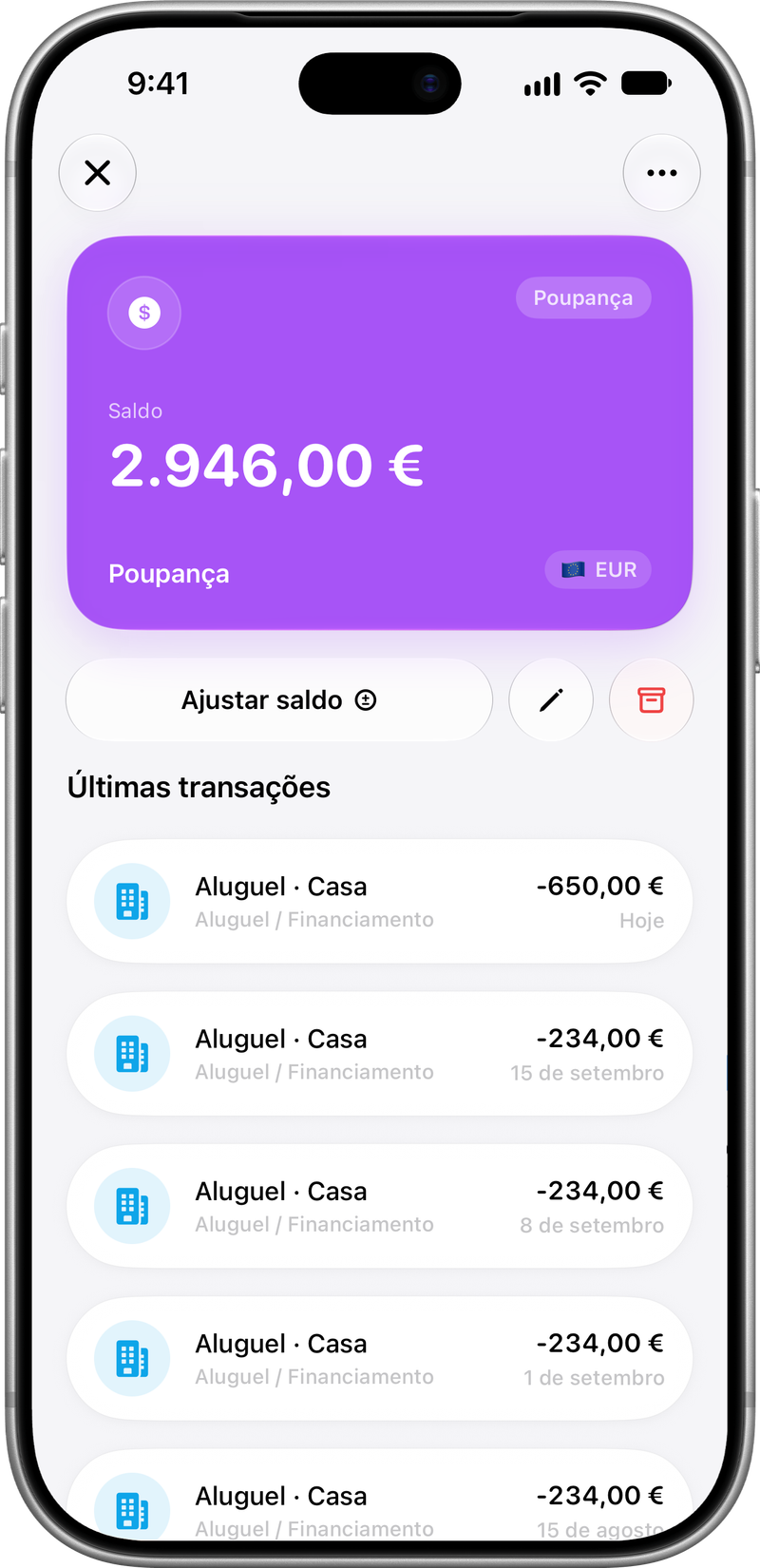 Carteira em EUR: Saldo e transações em EUR.