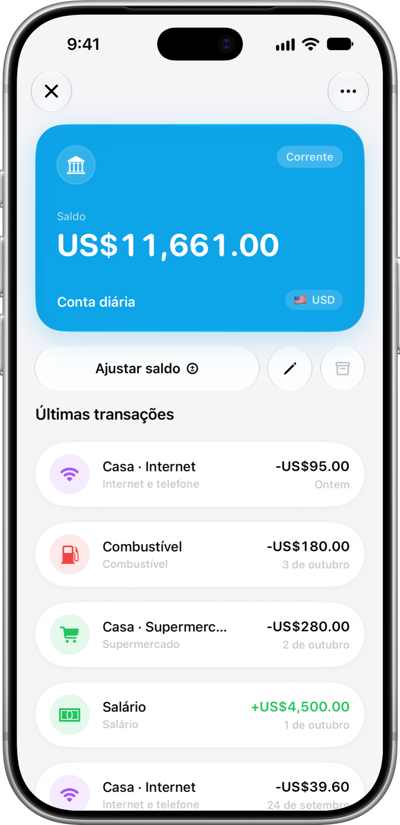 Os detalhes de duas carteiras, uma em USD e outra em EUR, com seus saldos e transações.