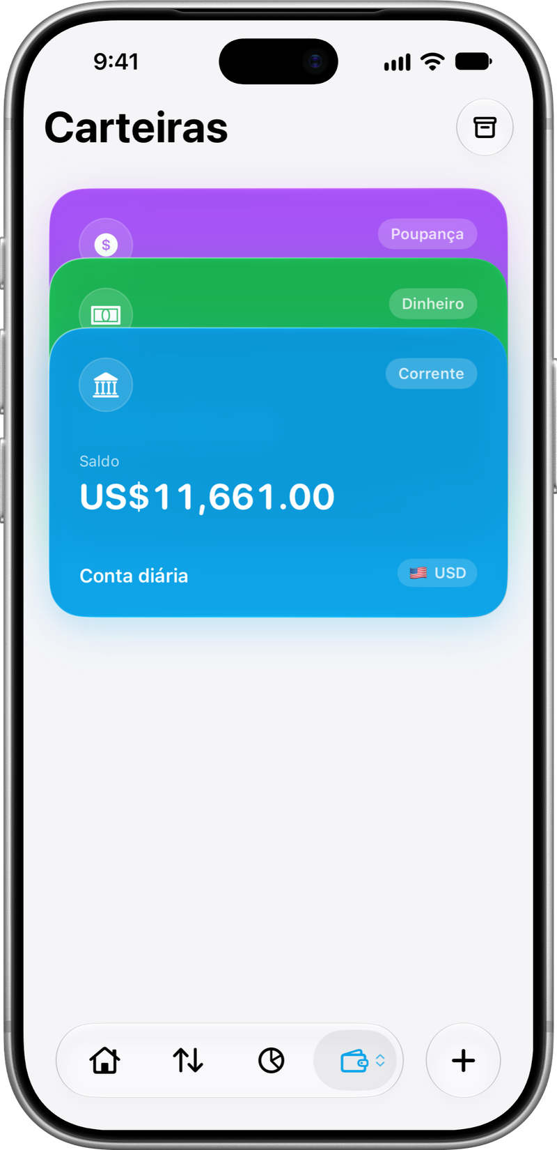 Carteiras: Suas contas e suas moedas.